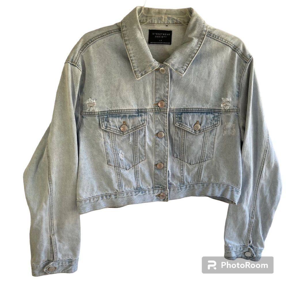 Streetwear Society Denim Jacket Cropped Long Sleeve Distressed Women’s Large